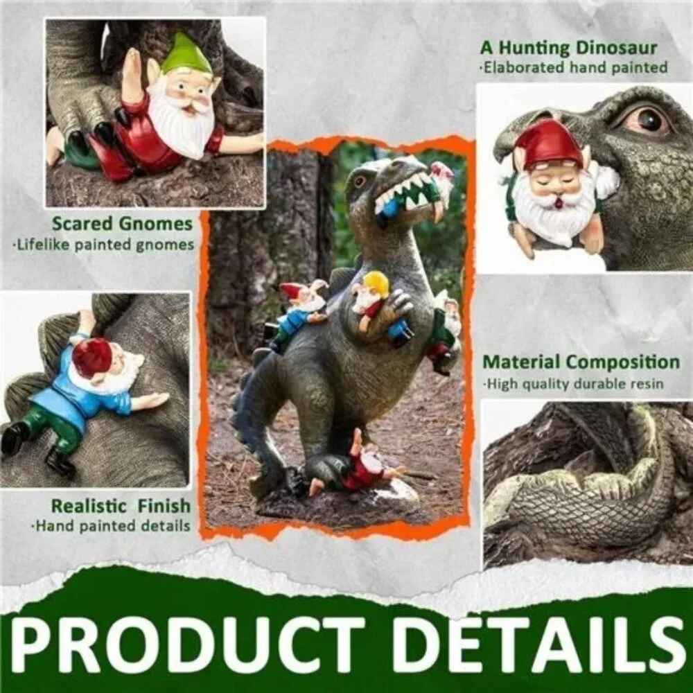 Garden Gnome Statues Outdoor Decor, 10” Dinosaur Art Outdoor Garden Decor